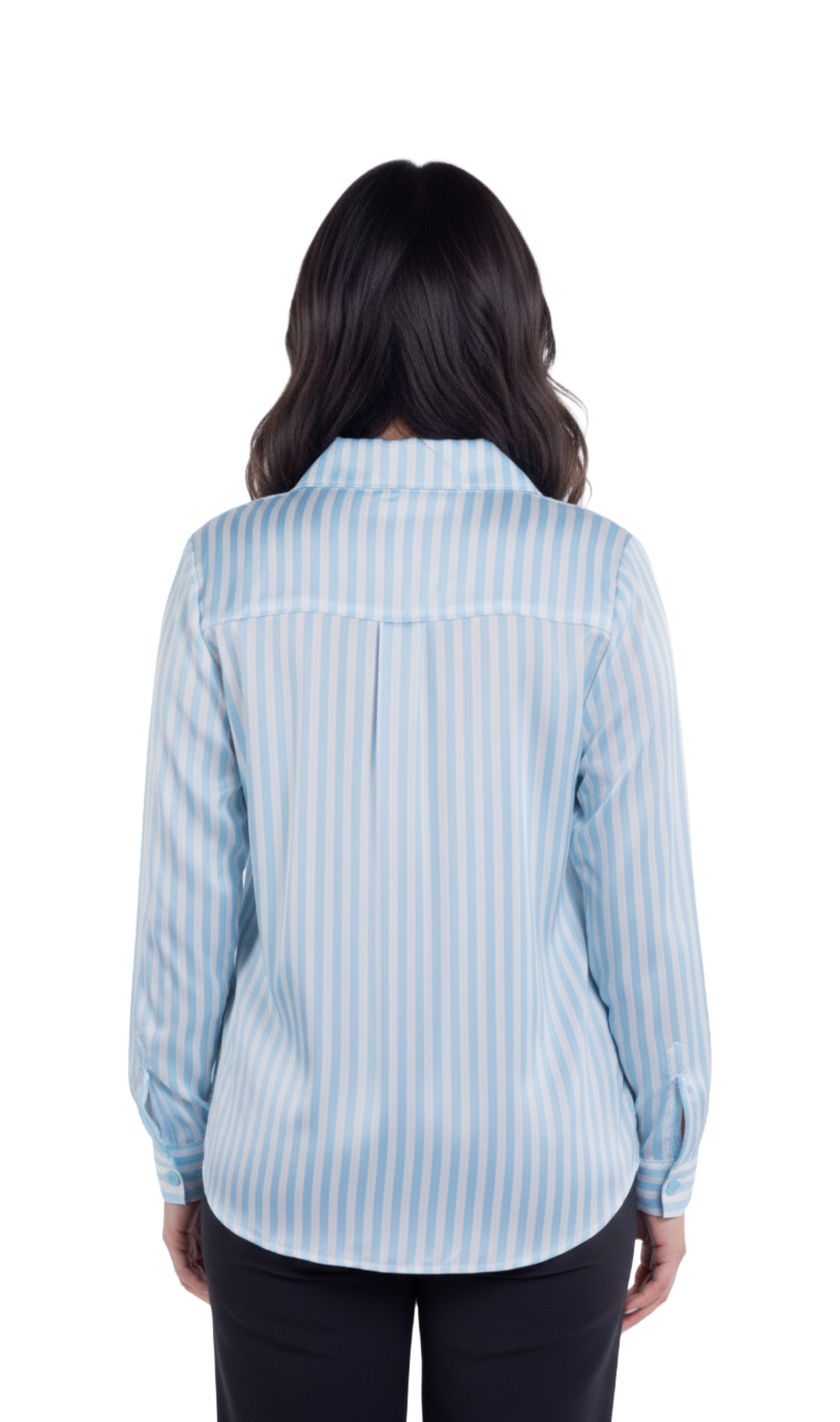 Blusa satinada de rayas azul y blancas abotonada
