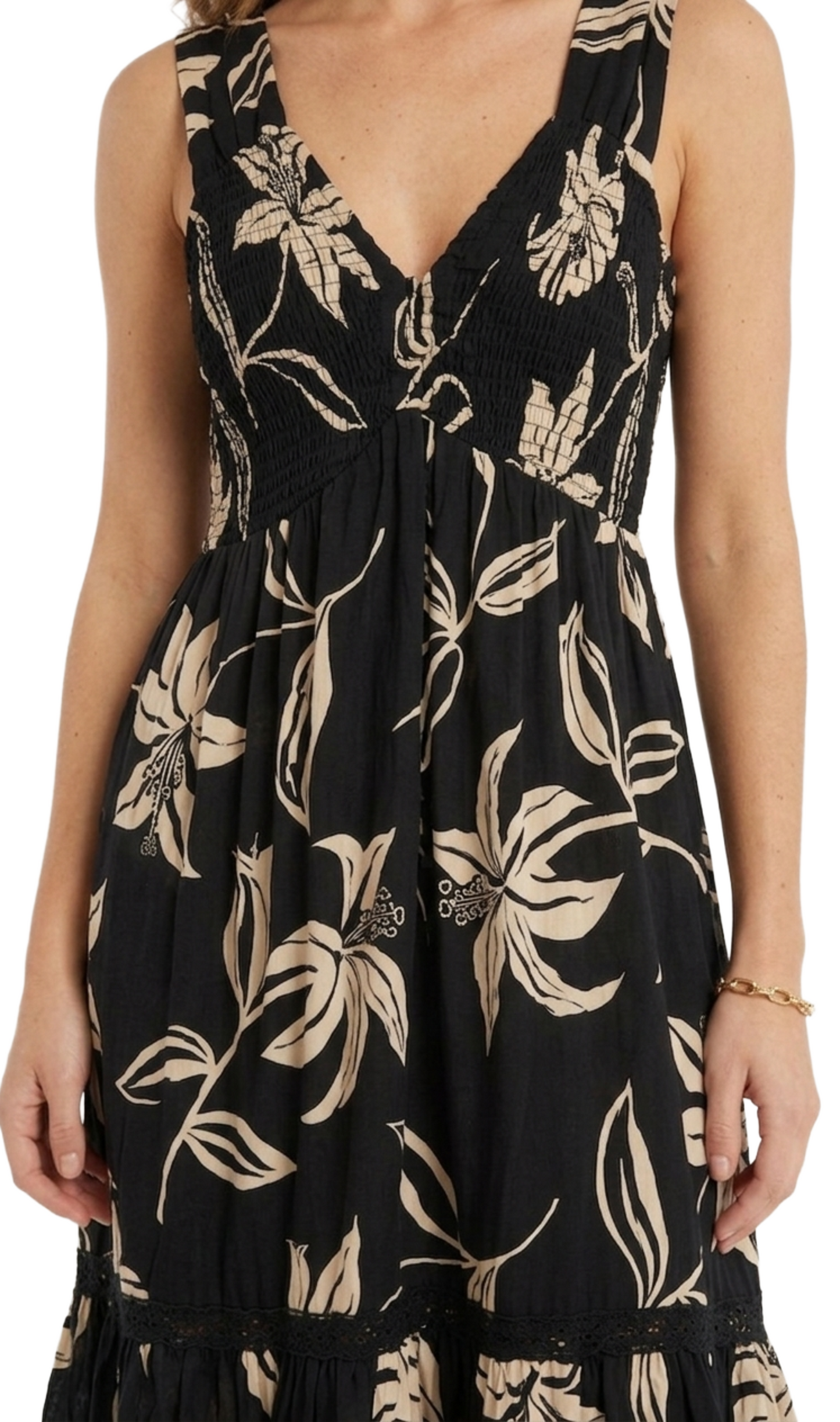 Vestido negro con elástico en pecho estampado de flores