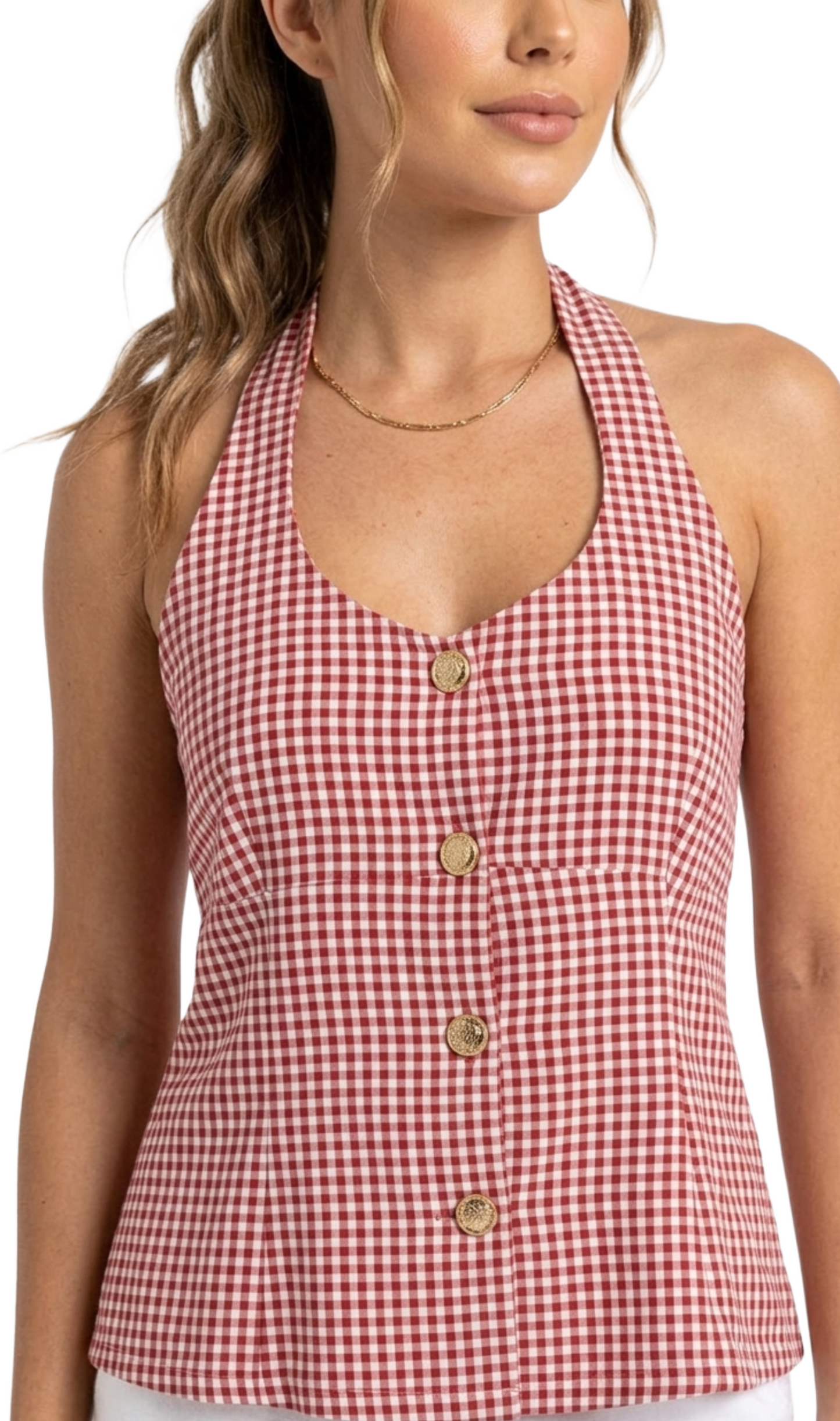 Crop top halter cuadricula con botones dorados