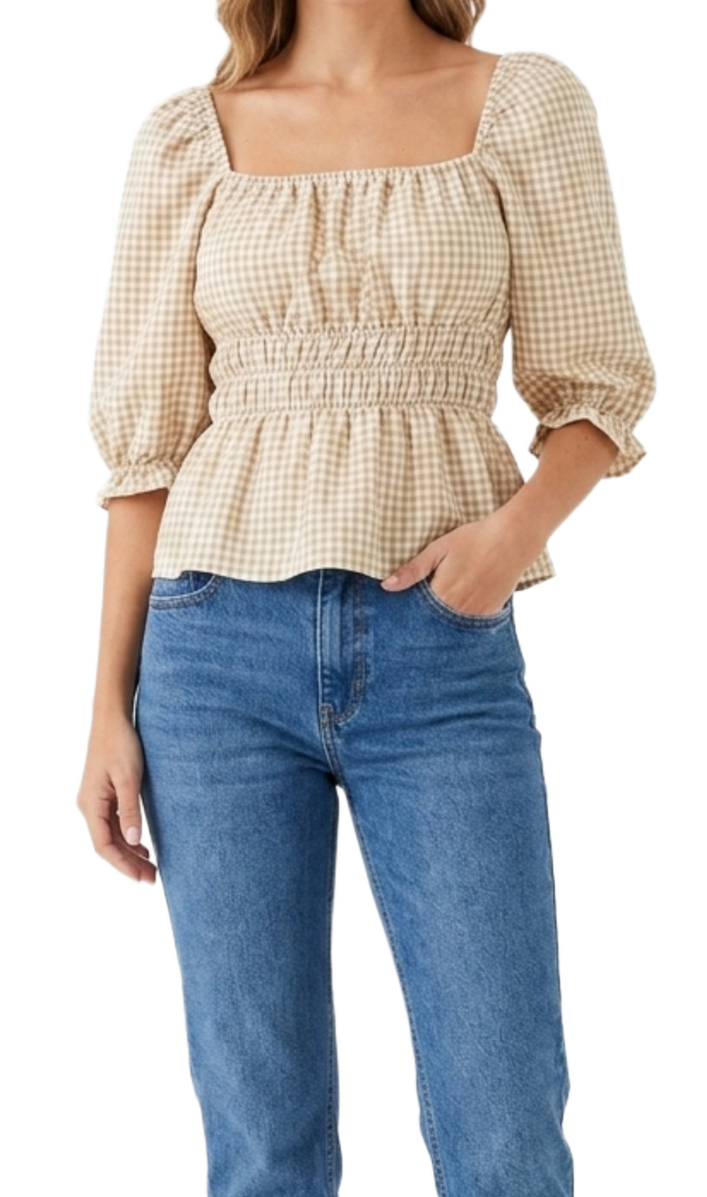Blusa tipo campesina cuadriculada beige y cafe