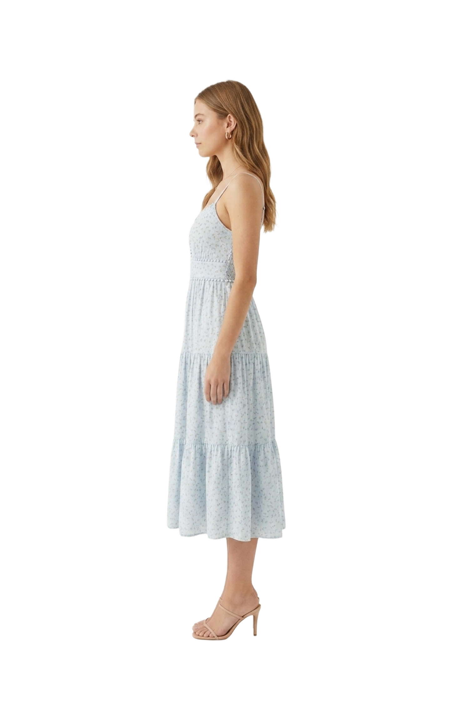 Vestido azul de tirantes con estampado floreado y escote discreto