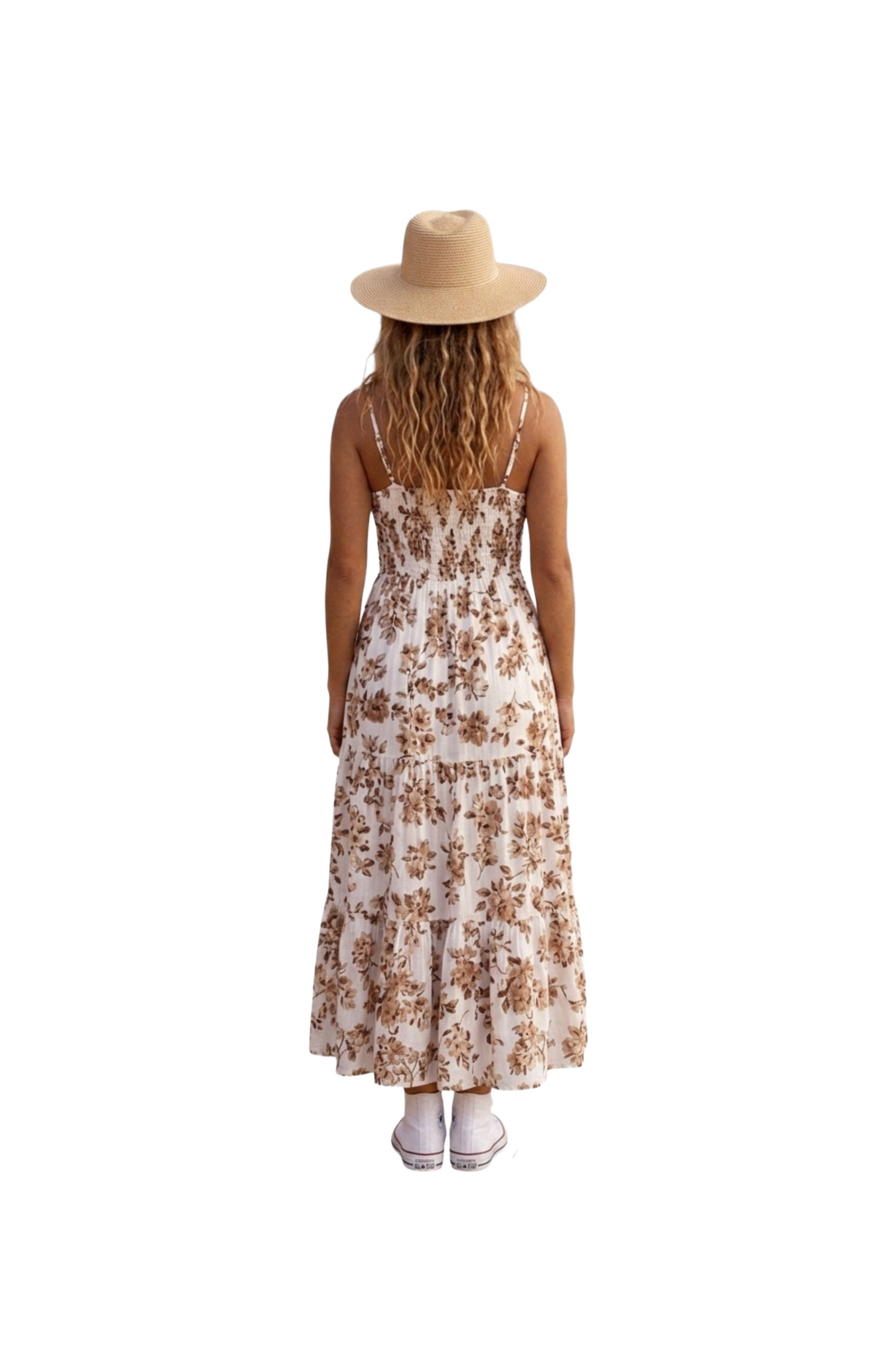 Vestido beige con flores cafes largo de tirantes