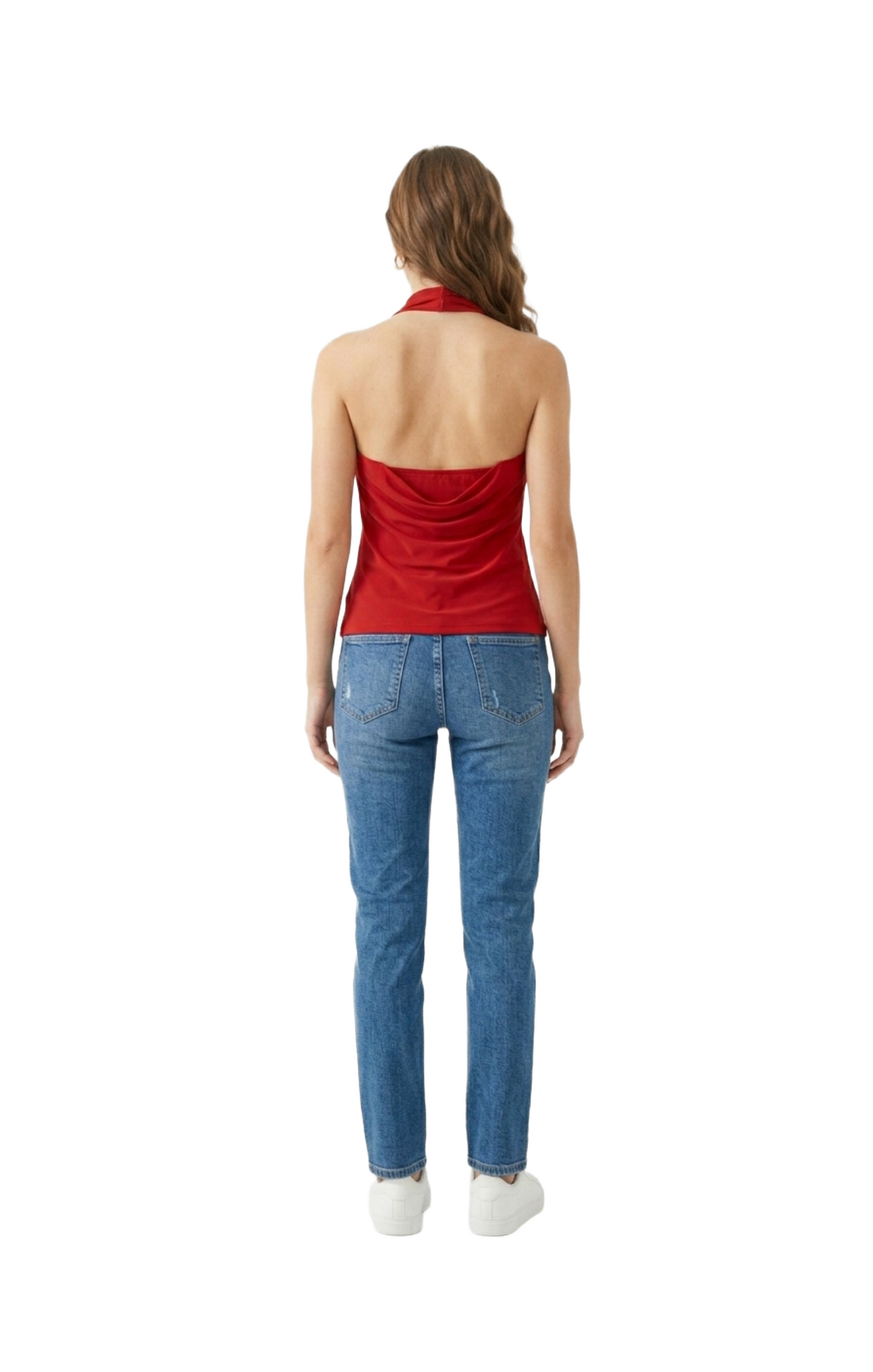 Blusa roja estilo halter roja con cierre a botón en cuello