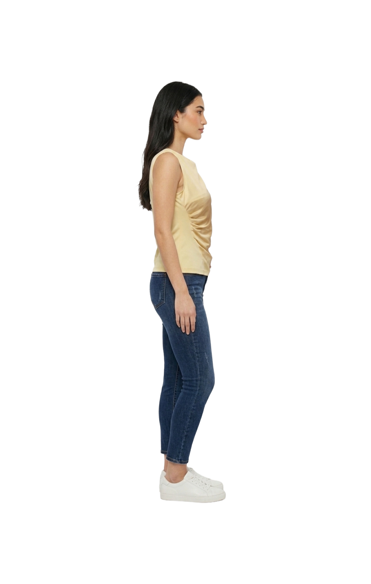 Blusa amarilla plisada lateral de cuello redondo