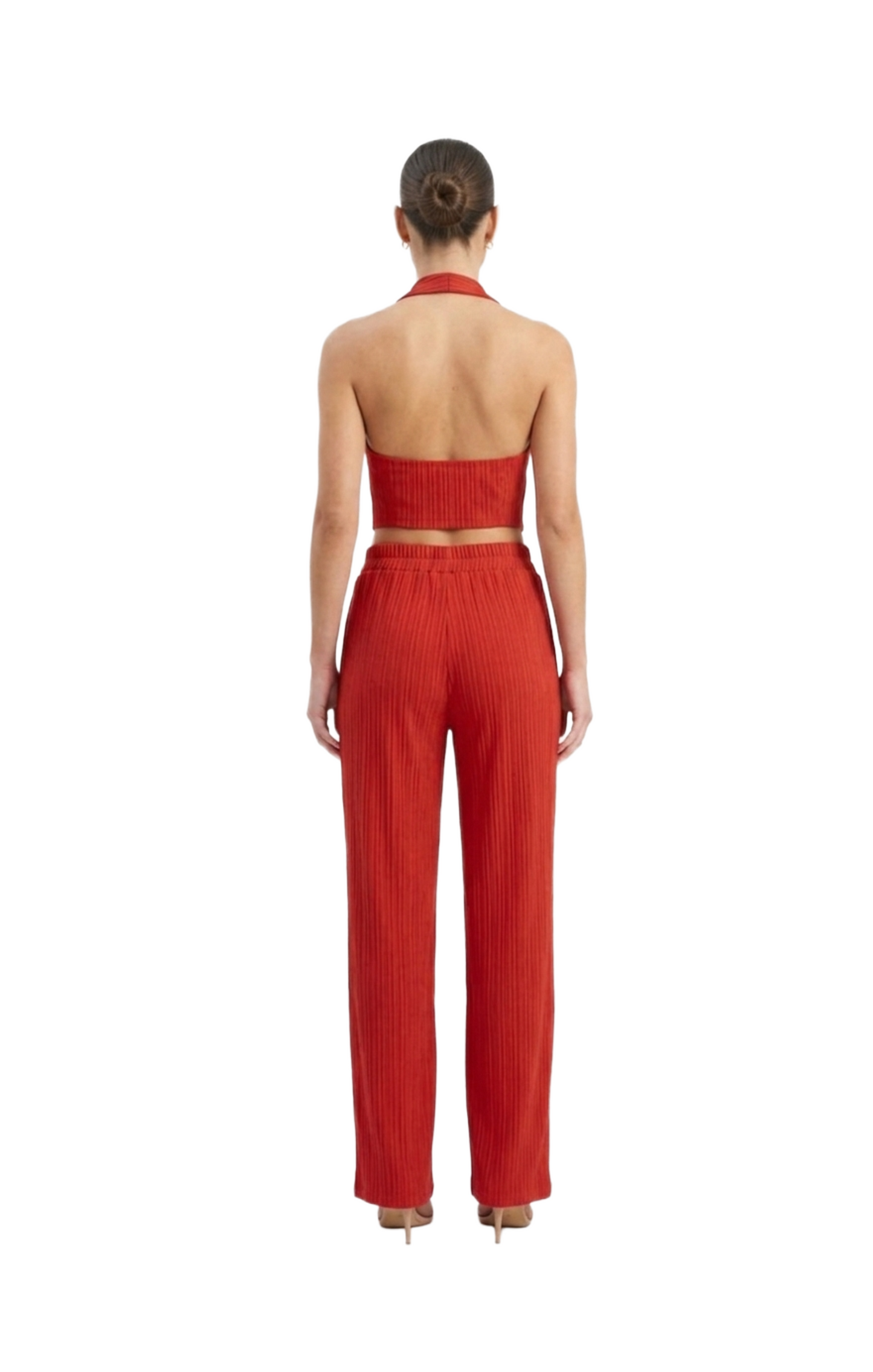 Conjunto de dos piezas rojo acanalado de blusa estilo halter y pantalon