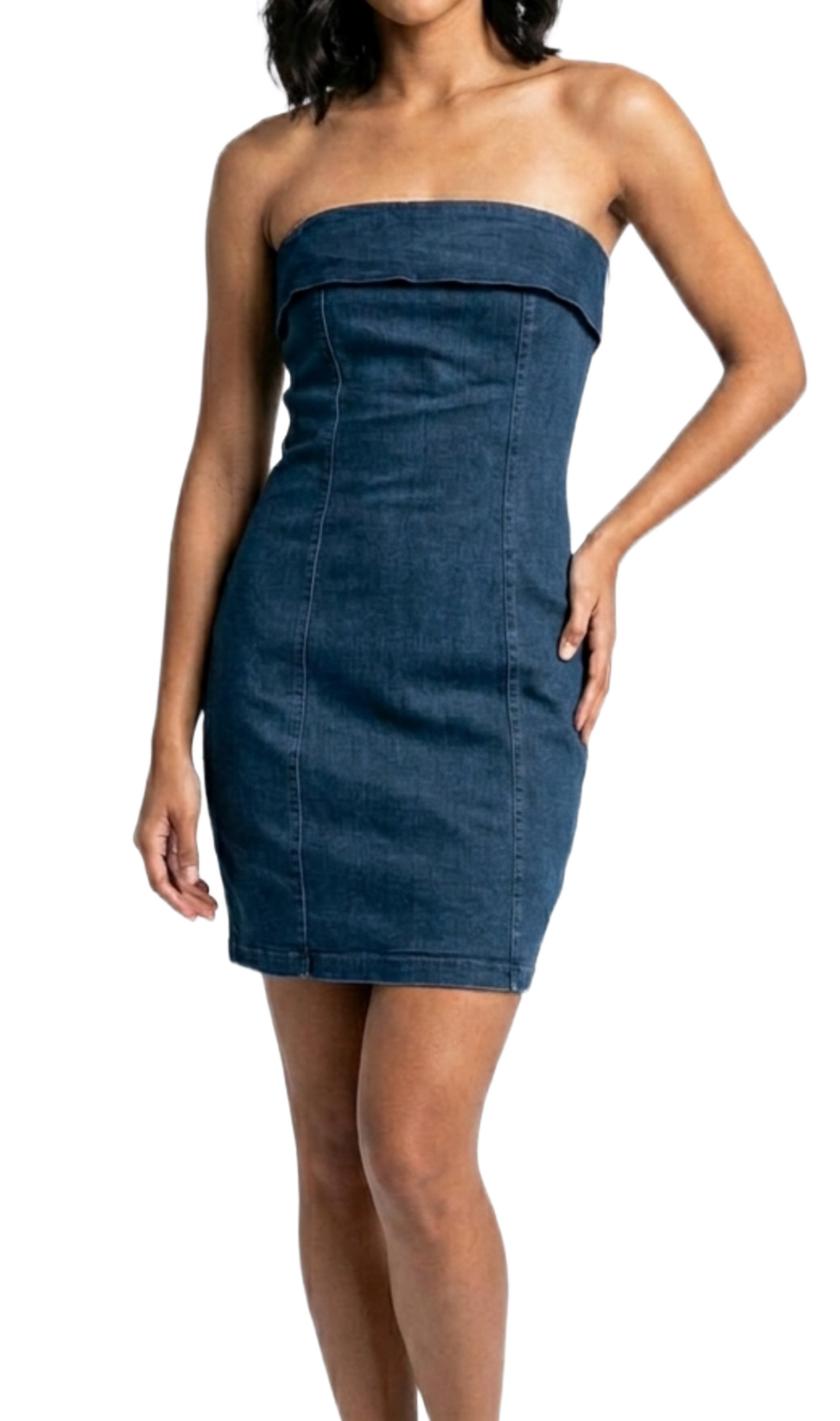 Vestido strapple de mezclilla con dobladillo en pecho