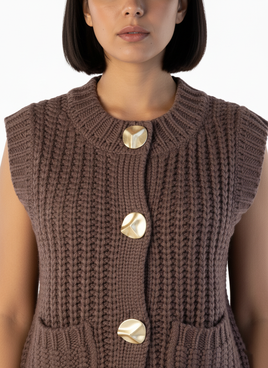 Chaleco tejido cafe con botón