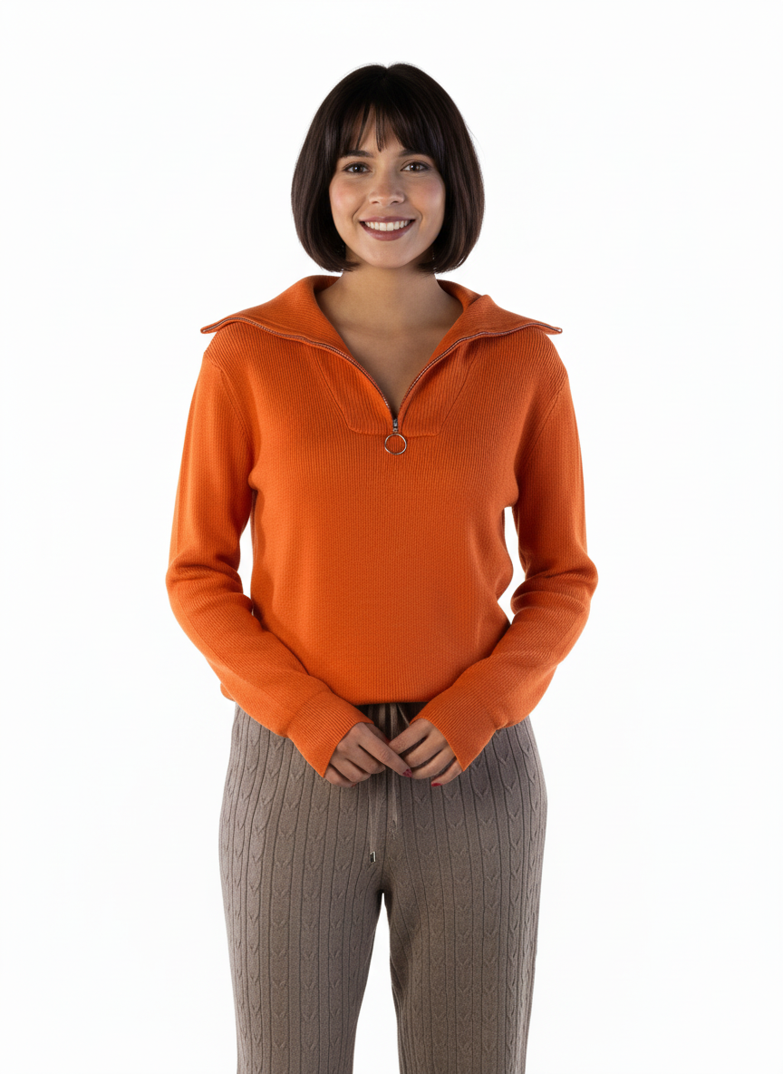Suéter naranja con ziper de cuello tipo polo