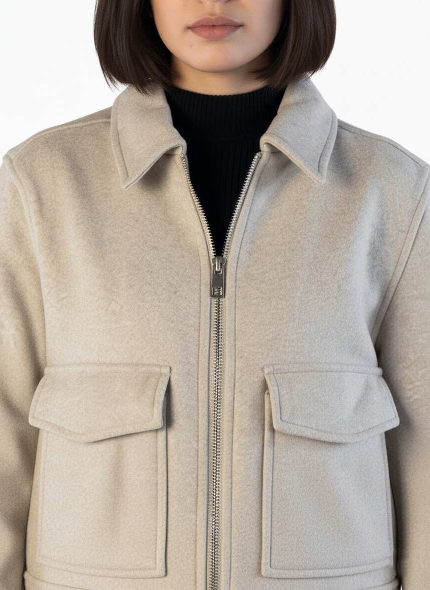 Chamarra beige con ziper y bolsas al frente