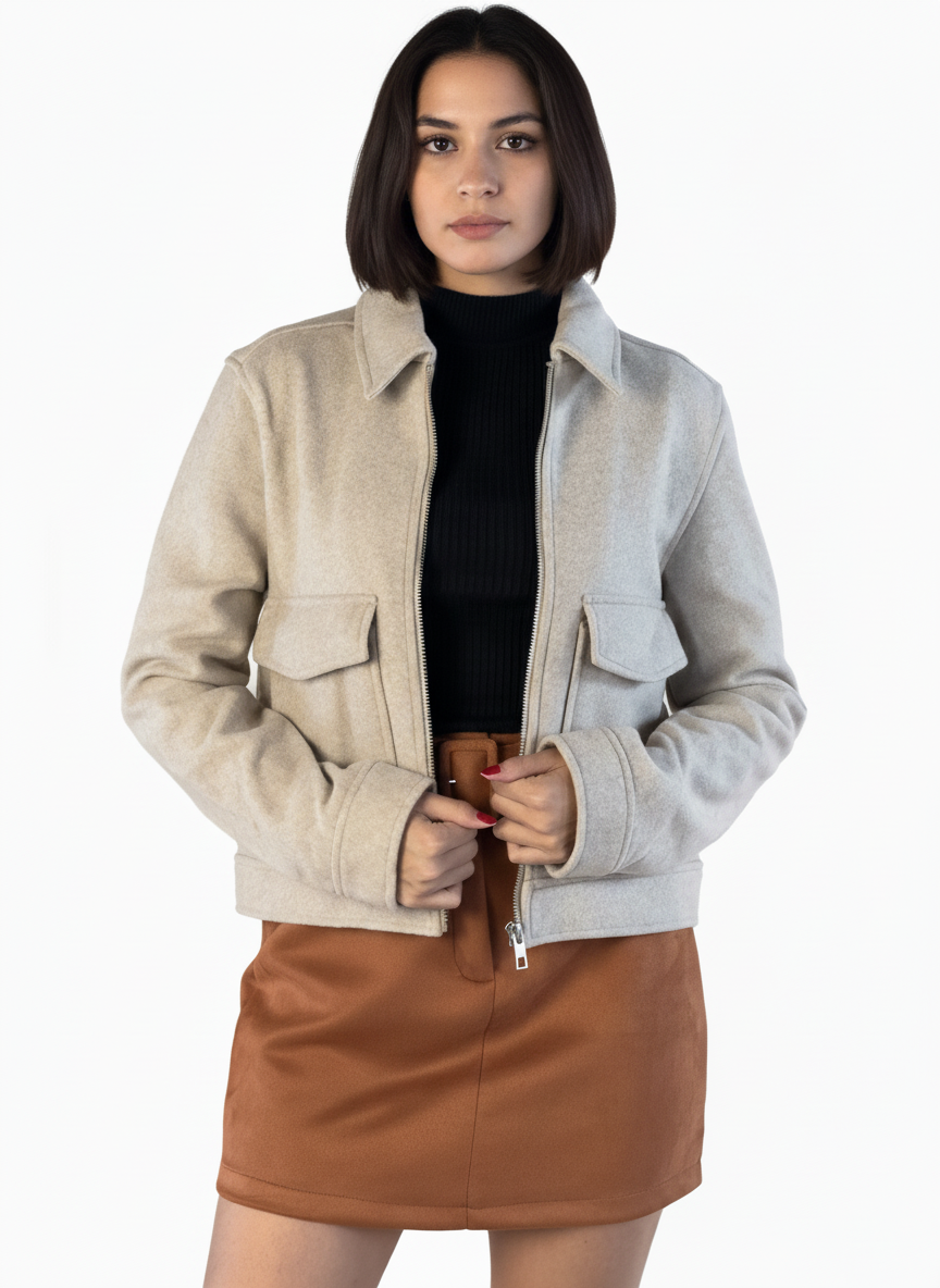 Chamarra beige con ziper y bolsas al frente