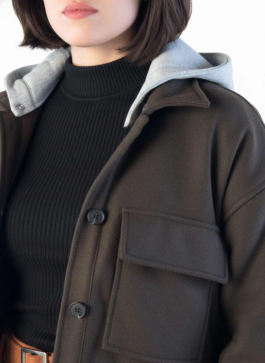 Abrigo cafe con ziper y capucha en contraste