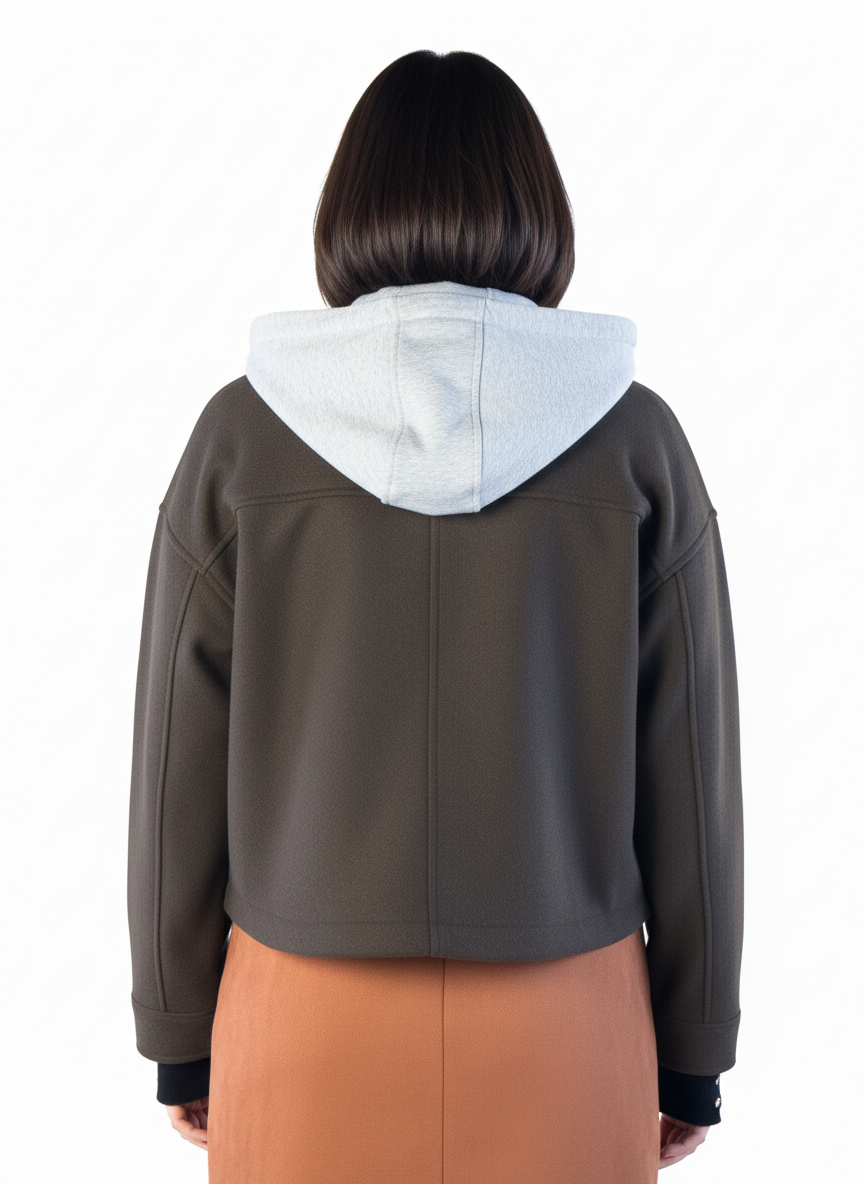 Abrigo cafe con ziper y capucha en contraste