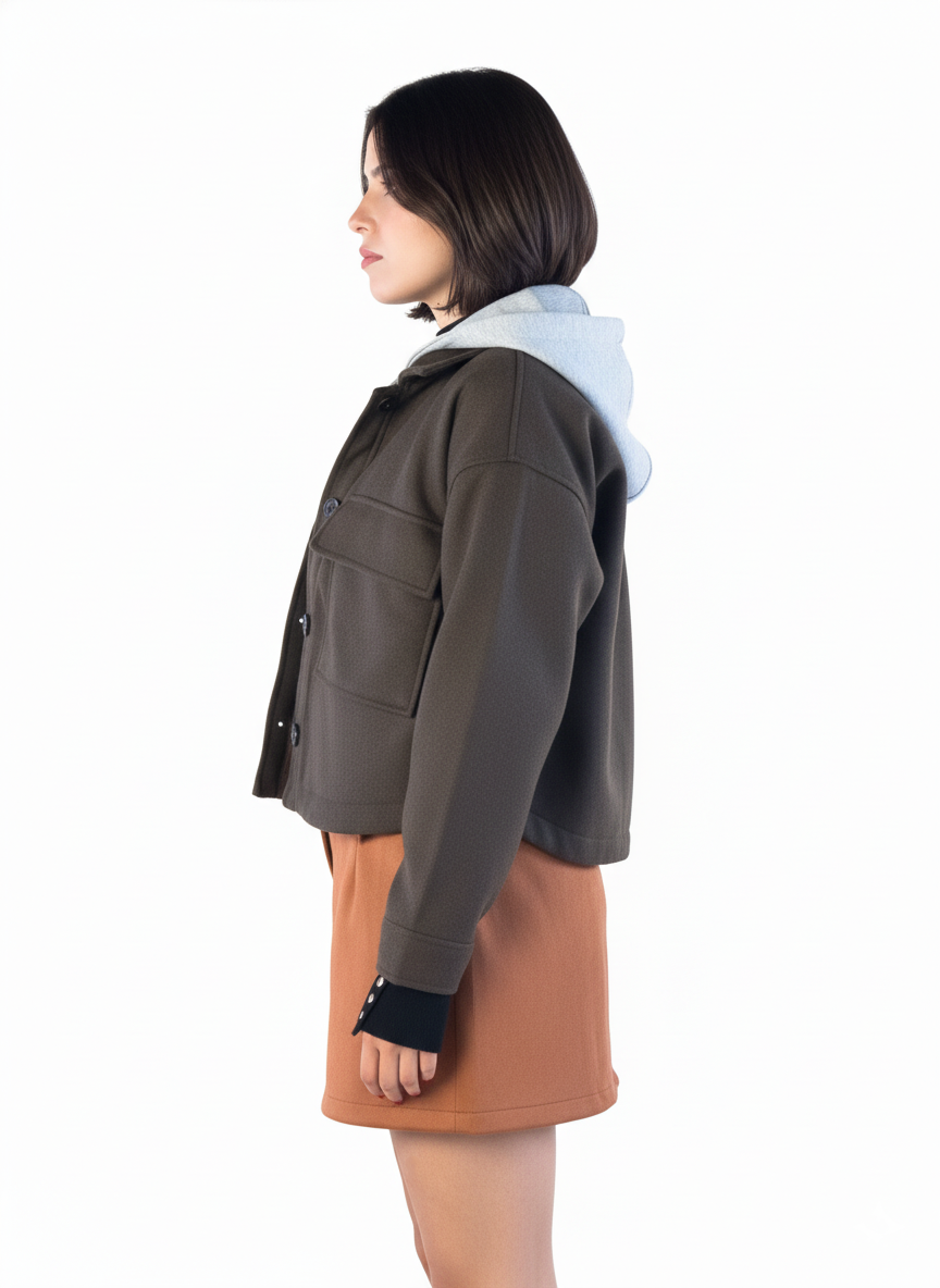 Abrigo cafe con ziper y capucha en contraste