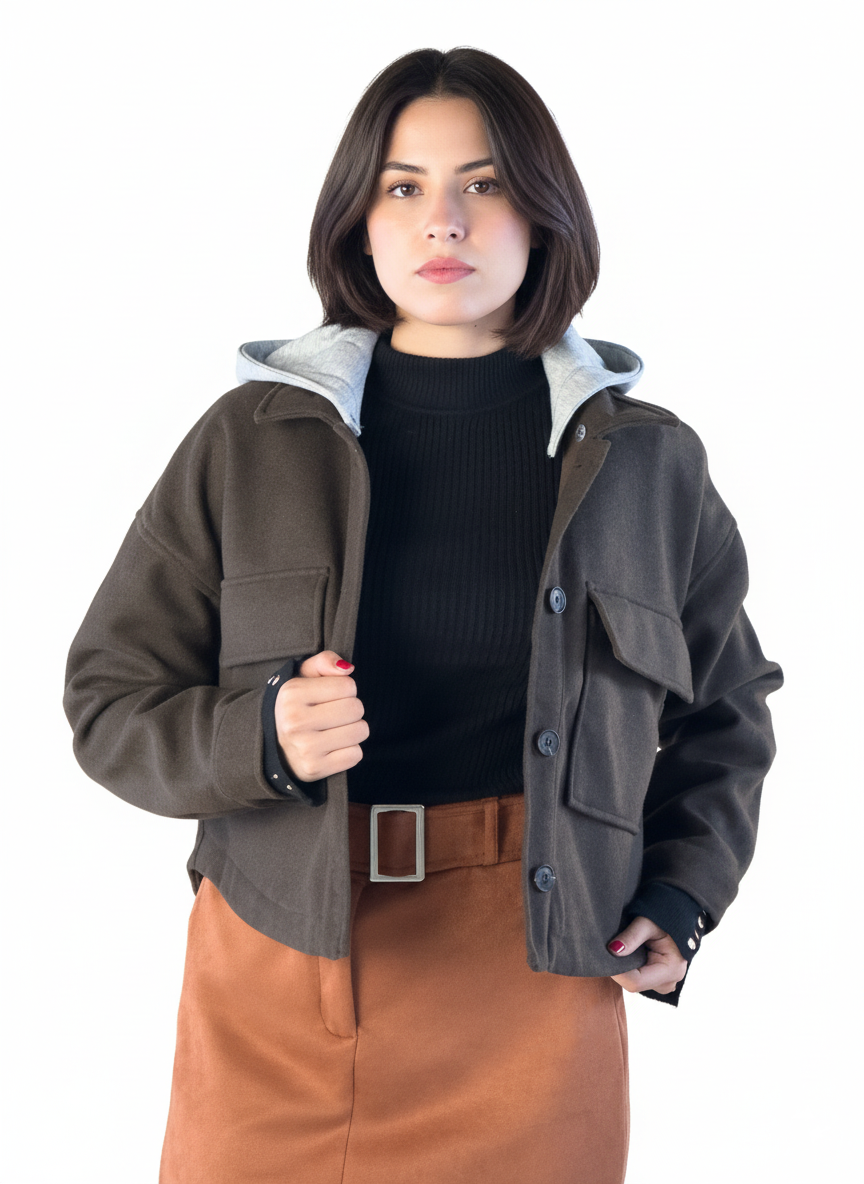 Abrigo cafe con ziper y capucha en contraste