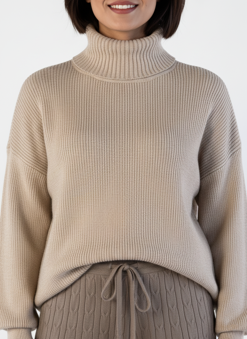 Suéter beige con cuello alto acanalado