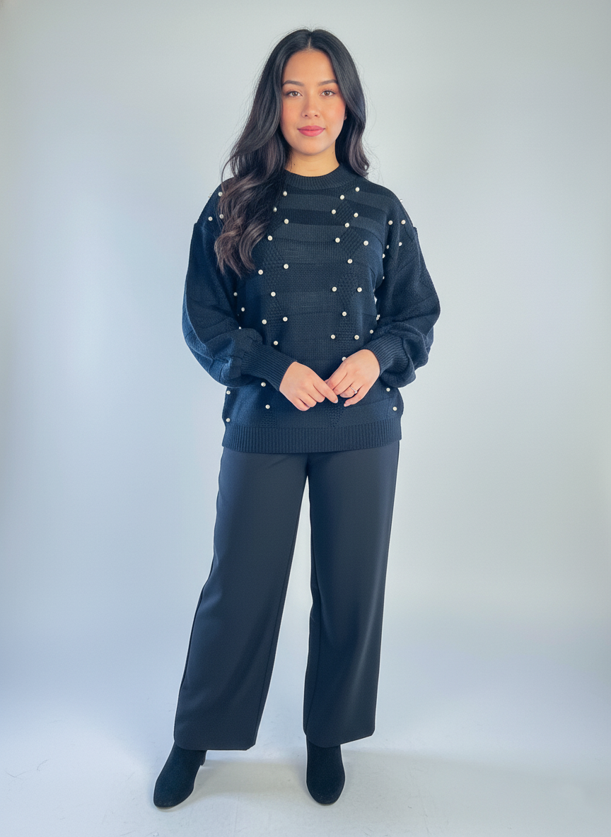 Suéter tejido negro con perlas