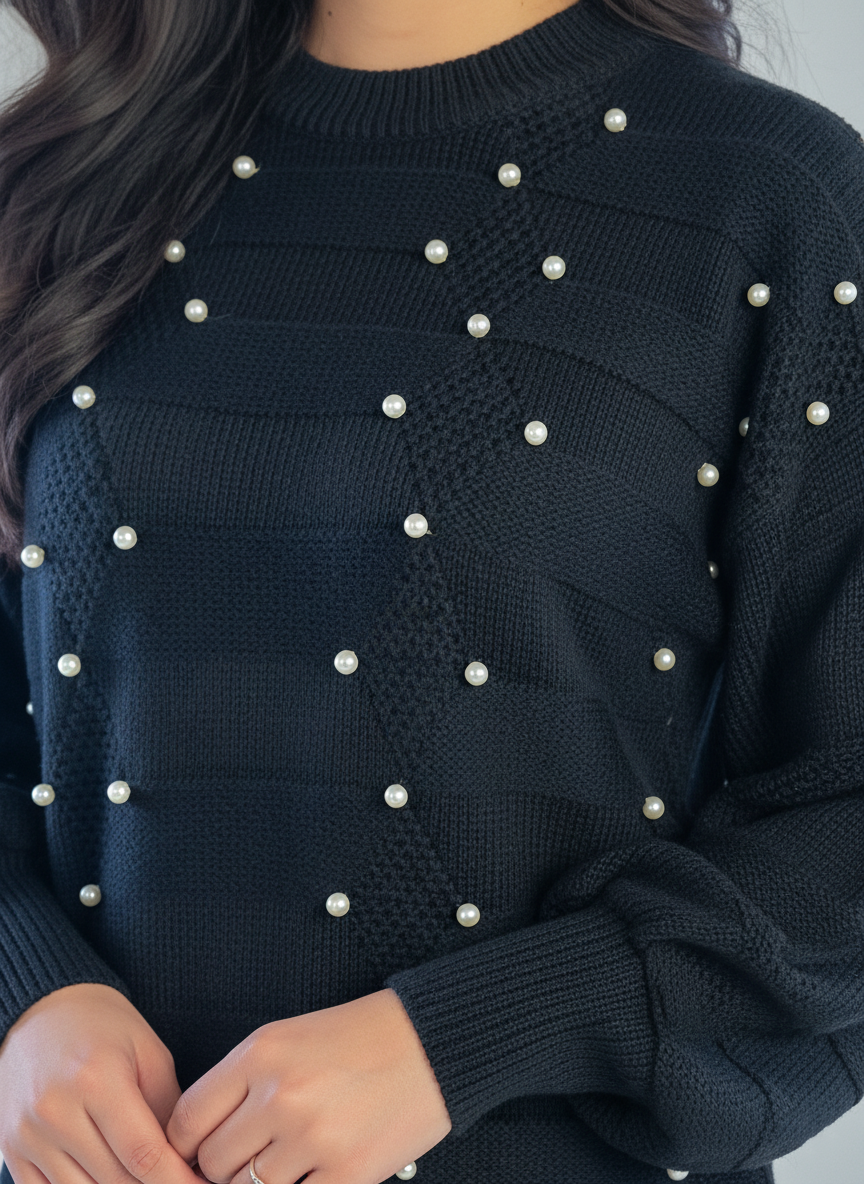 Suéter tejido negro con perlas