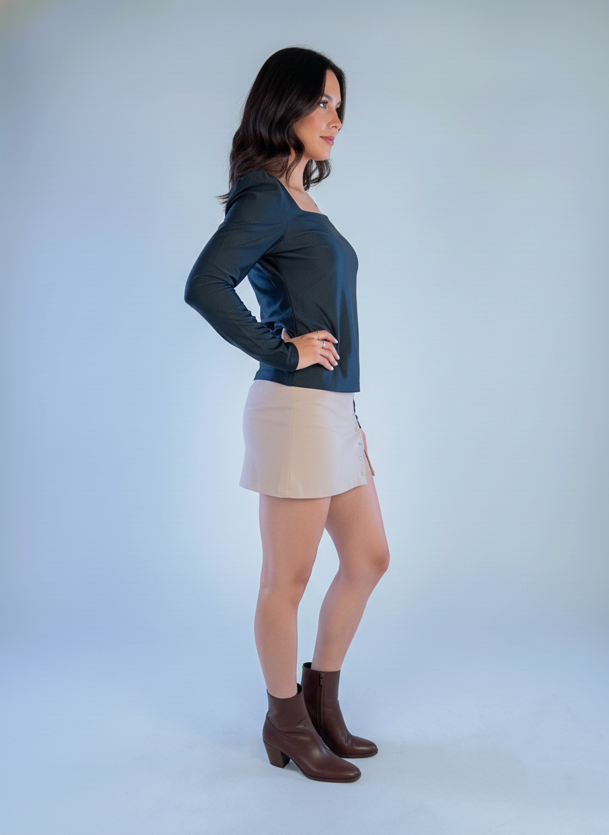 Blusa manga larga satinada con cuello cuadrado