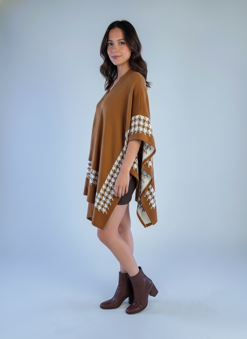 Capa estilo poncho cafe con cuadros