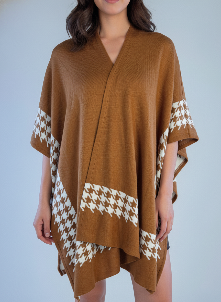 Capa estilo poncho cafe con cuadros