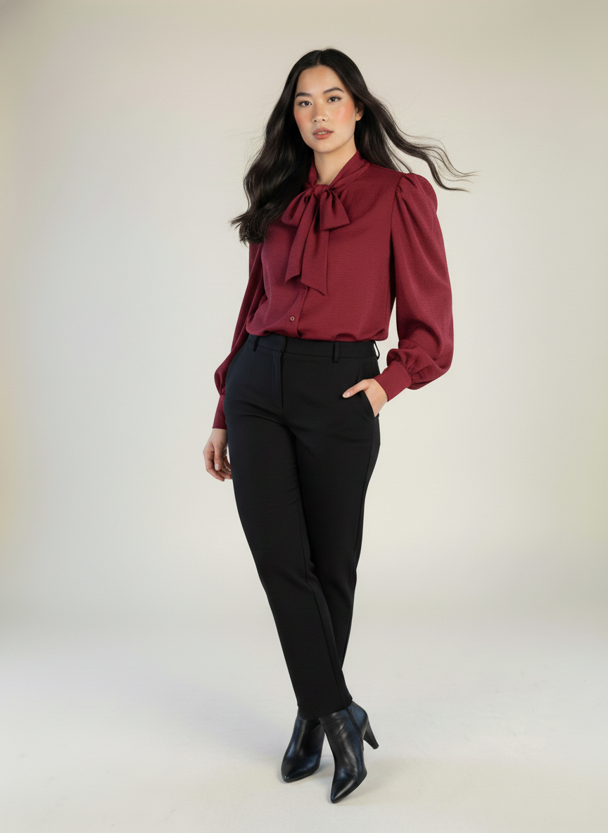 Blusa guinda de vestir con amarre en cuello