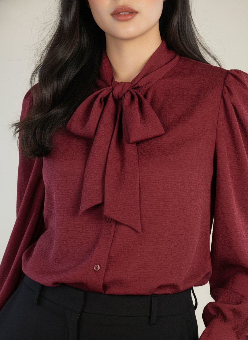 Blusa guinda de vestir con amarre en cuello