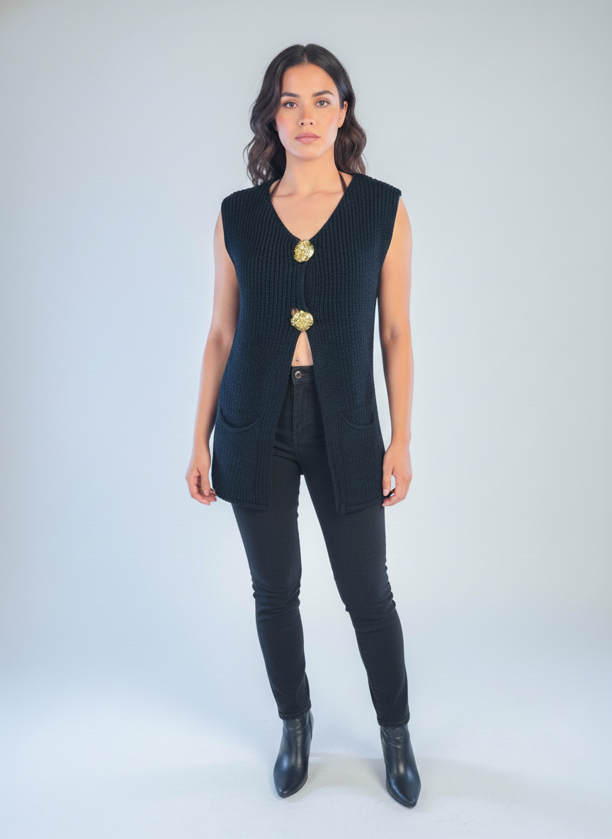 Chaleco negro tejido con botones grandes