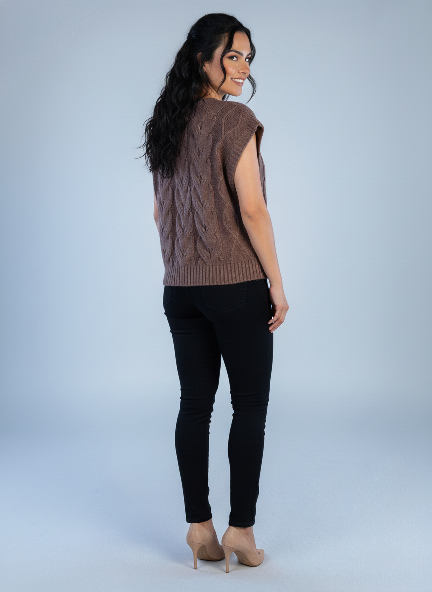 Chaleco cafe trenzado tejido