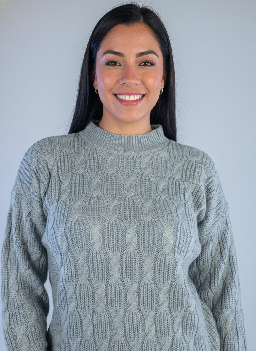 Suéter tejido gris con decoración de trenzas