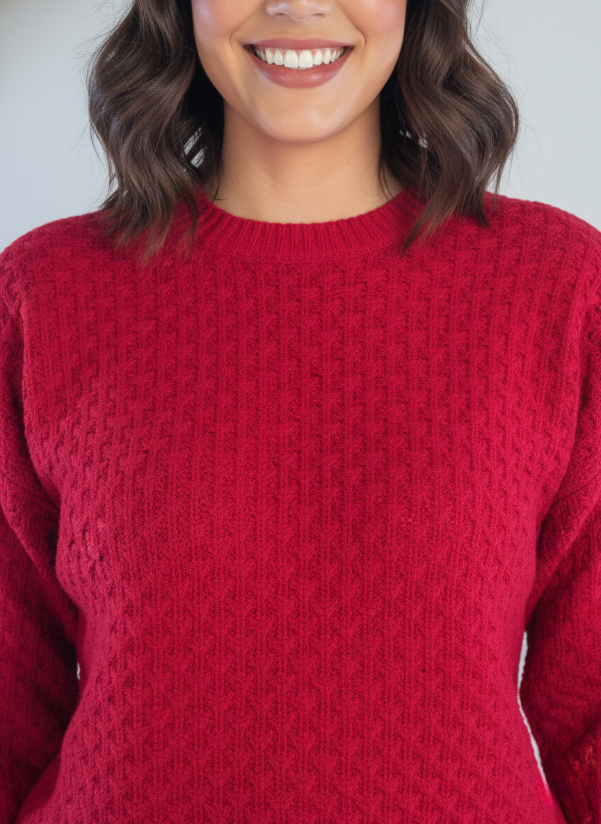 Suéter rojo perforado de cuello redondo