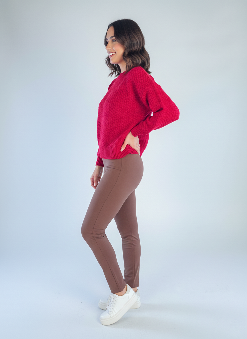 Suéter rojo perforado de cuello redondo