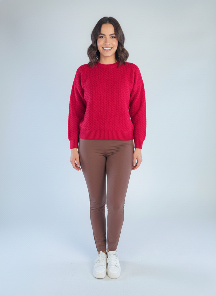 Suéter rojo perforado de cuello redondo