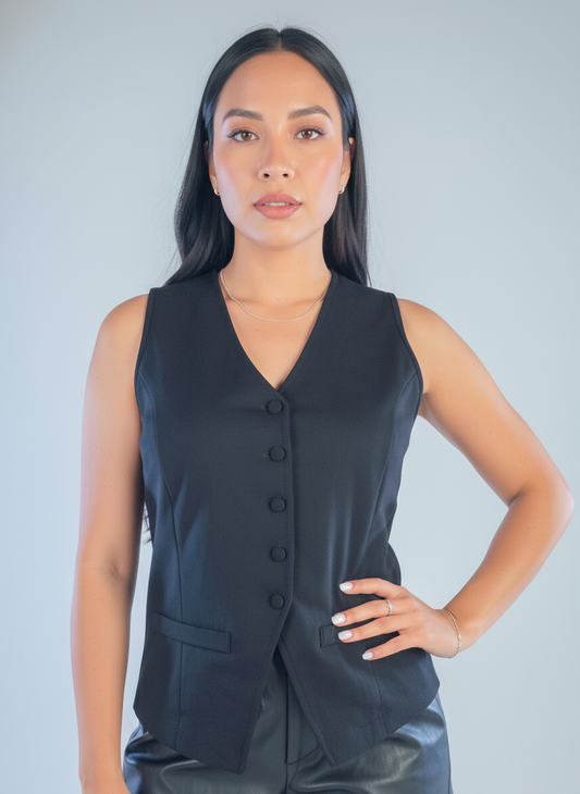 Chaleco negro abotonado con amarre en espalda