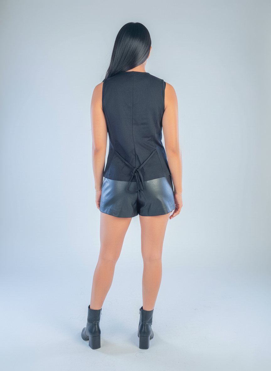 Chaleco negro abotonado con amarre en espalda