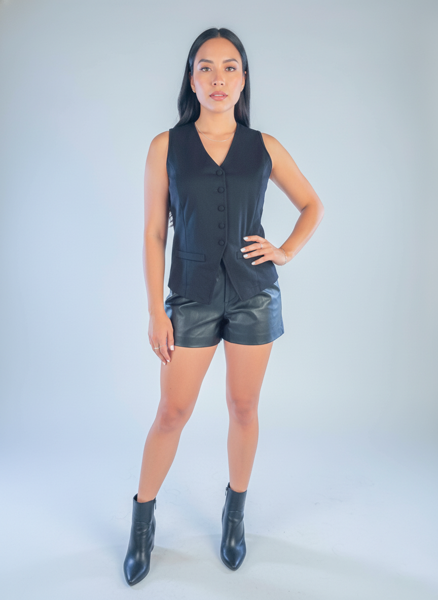 Chaleco negro abotonado con amarre en espalda