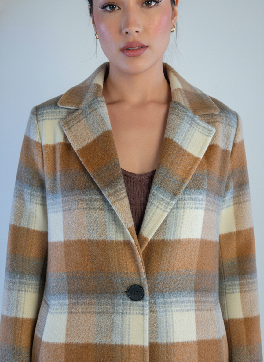 Saco cuadriculado con bolsas laterales cierre a un boton