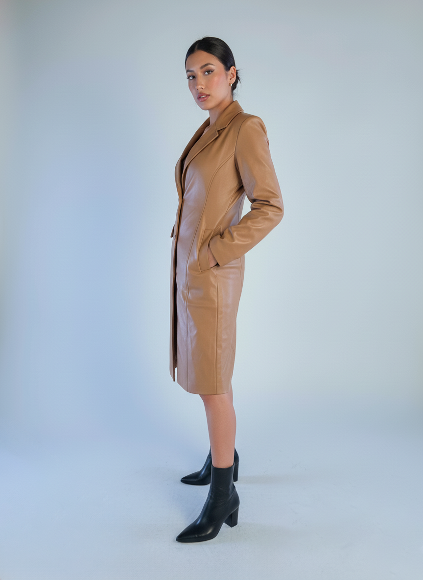 Gabardina de vinipiel con solapa color cafe