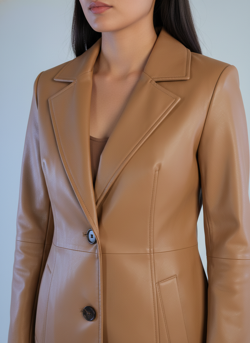 Gabardina de vinipiel con solapa color cafe