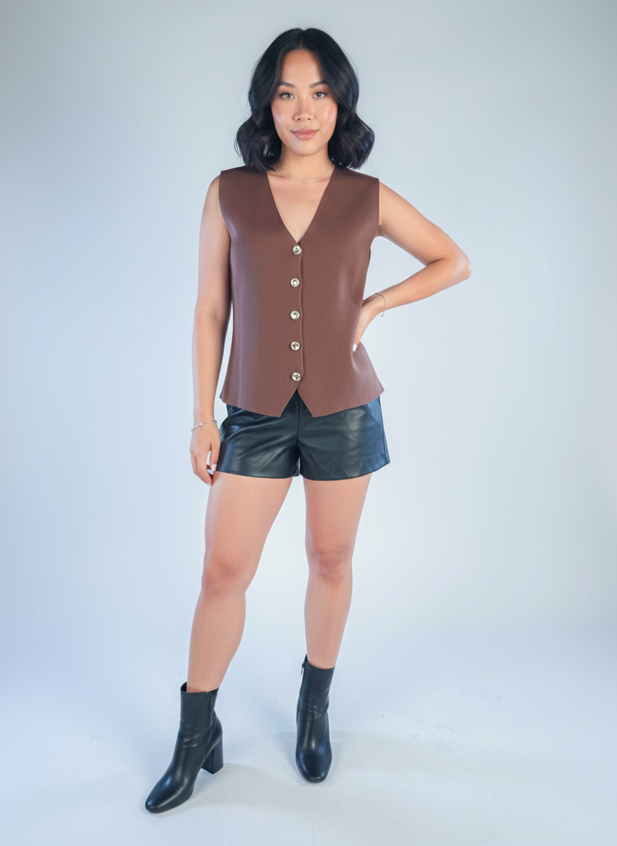 Chaleco cafe abotonado corte en V