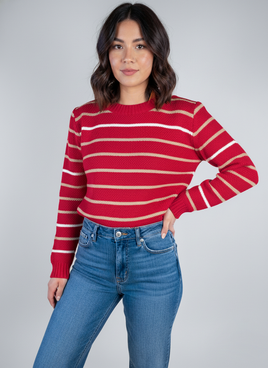 Suéter rojo cuello redondo con rayas horizontales