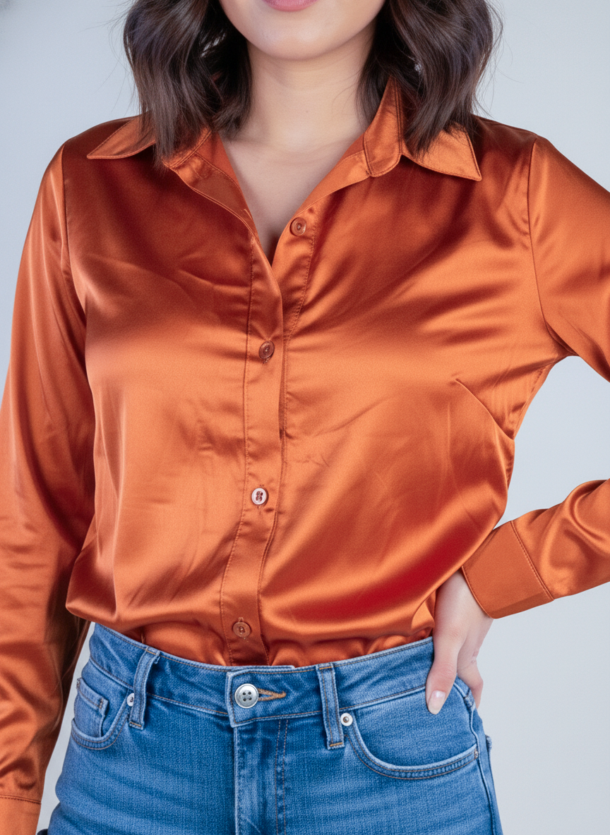Blusa satinada naranja satinada abotonada