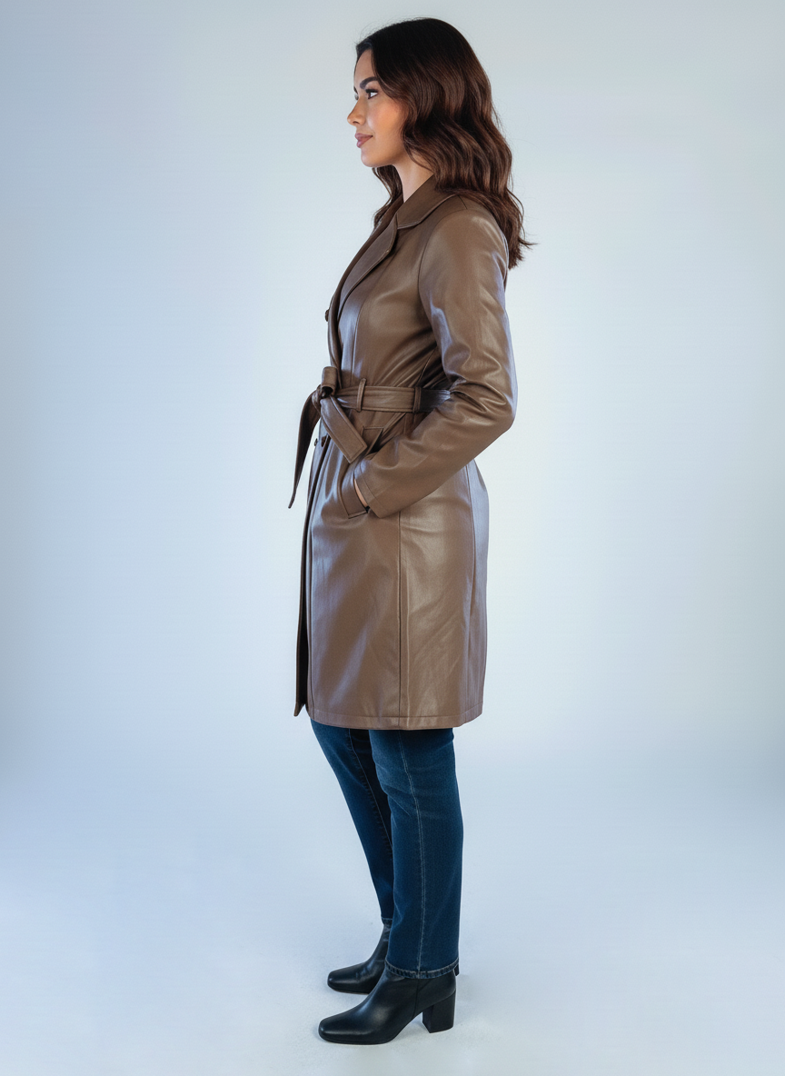 Gabardina cafe de vinipiel con sola y cinto ajustable