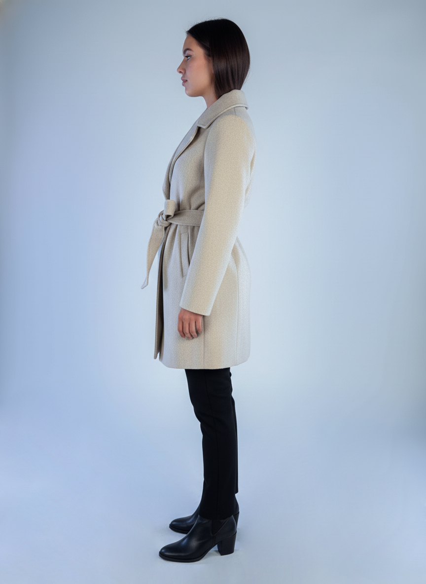 Saco beige con solapa y cinturón con moño