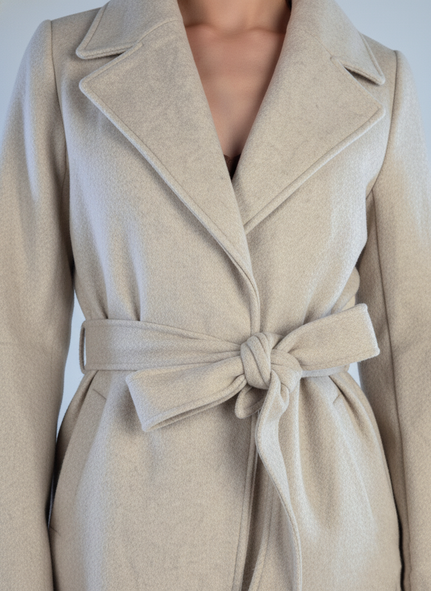 Saco beige con solapa y cinturón con moño