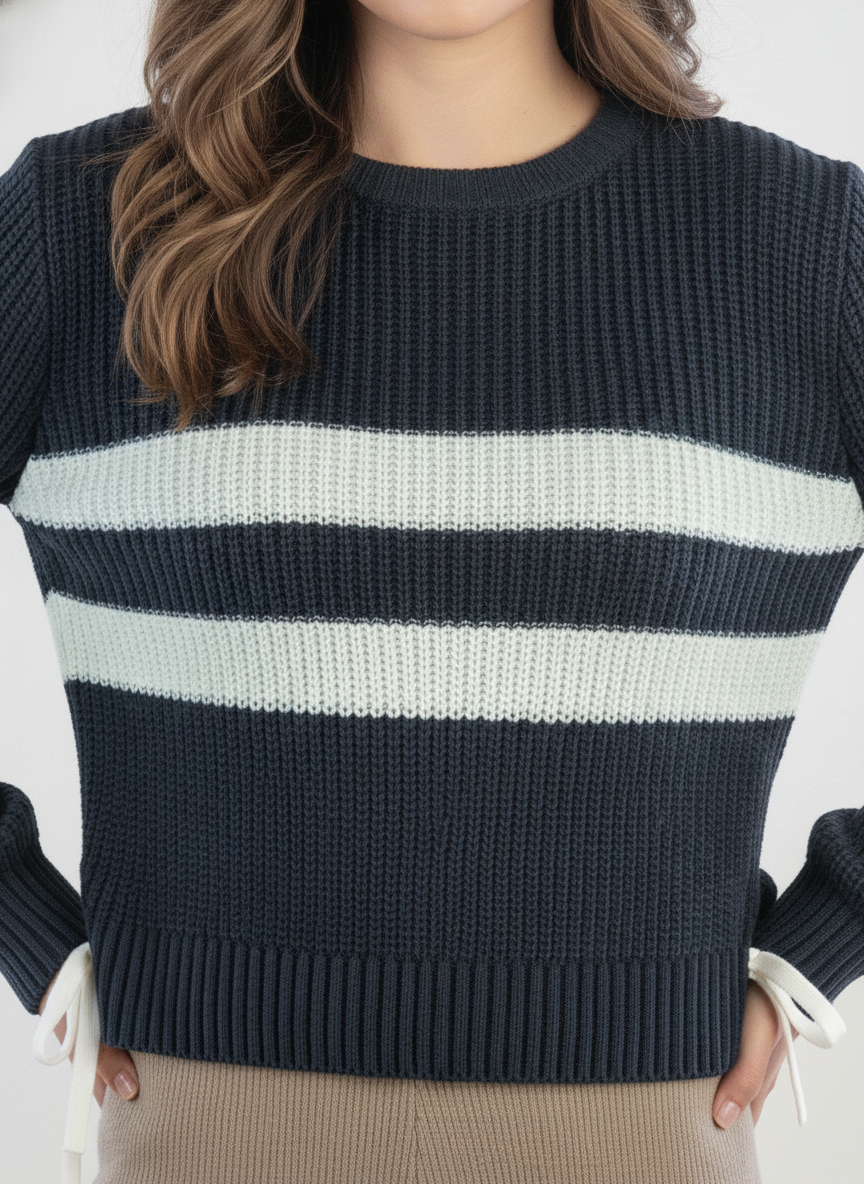 Suéter tejido con rayas decorativas horizontales cuello redondo