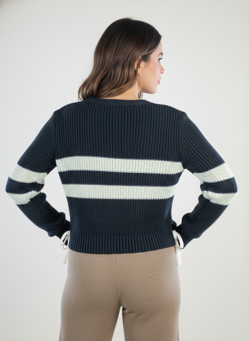 Suéter tejido con rayas decorativas horizontales cuello redondo