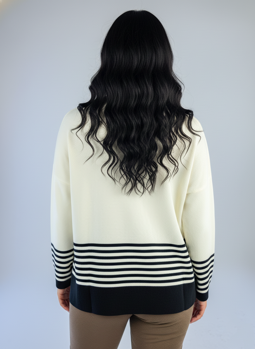 Suéter beige cuello redondo con terminación de rayas negras