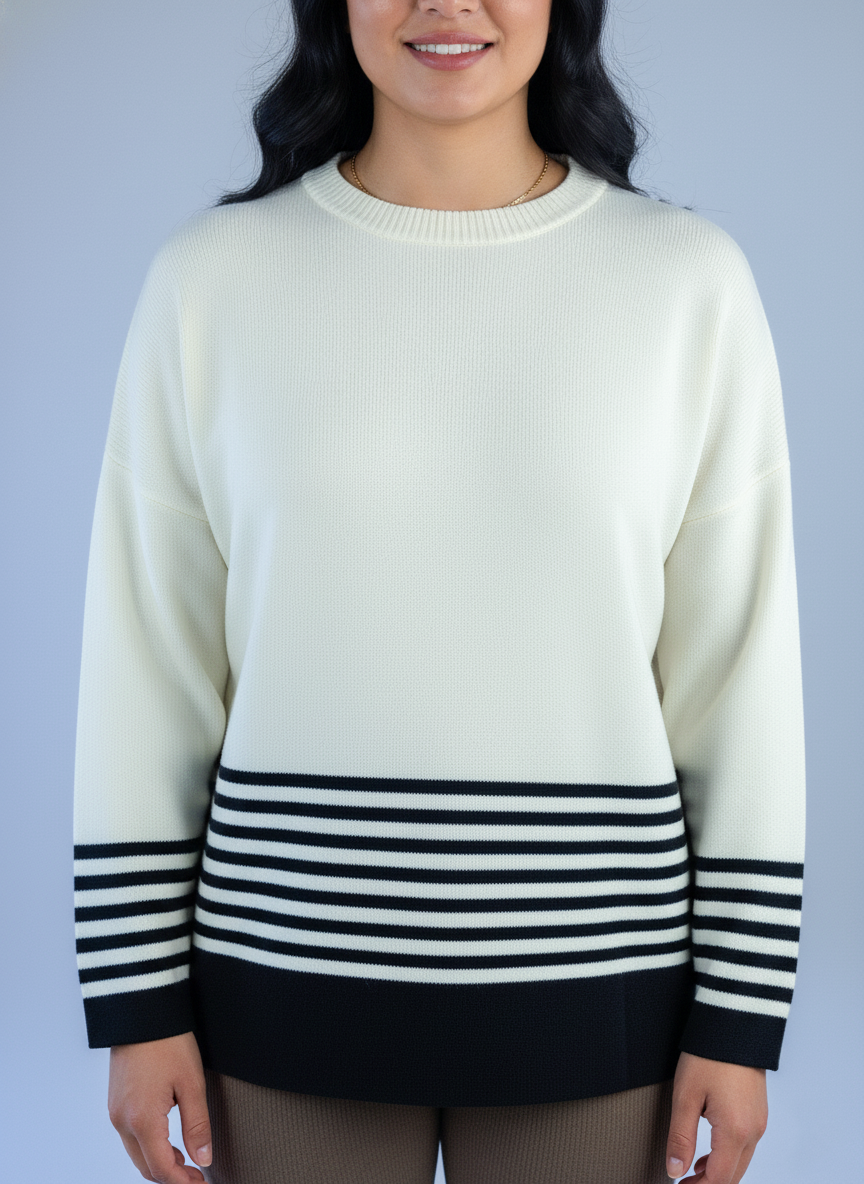 Suéter beige cuello redondo con terminación de rayas negras