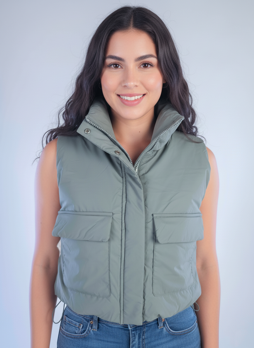 Chaleco verde corto tipo cazador con cierre de ziper