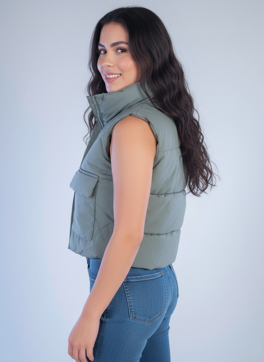 Chaleco verde corto tipo cazador con cierre de ziper